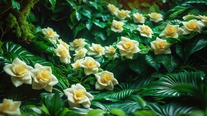 Wall Mural - gardenia flower (gardenia jasminoides) set against a tree and green leaves pattern background textur