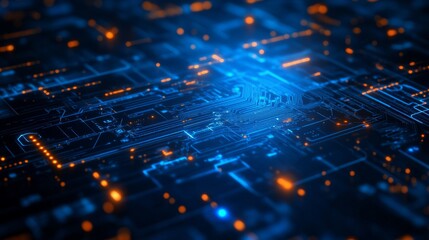 Wall Mural - futuristic dark blue technology background with glowing circuit board lines, digital data flow, and 