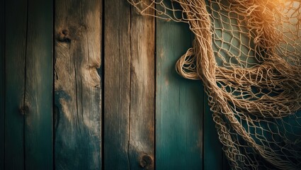 Fishing net displayed on a brown wooden table.