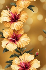Wall Mural - Hibiscus on gold background cartoonish seamless pattern