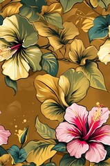 Wall Mural - Hibiscus on gold background cartoonish seamless pattern