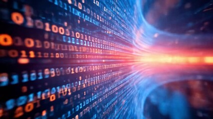 Binary coding wall in a virtual simulation environment, glowing data particles