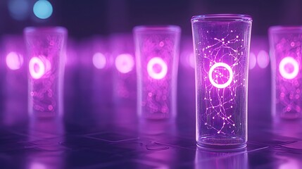 Abstract image of glowing purple glasses with network pattern digital art