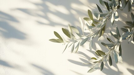 Olive tree branch casting soft shadows on a textured white wall in natural sunlight.