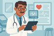 © Marie - Cardiologist reviewing a patient's electronic health record on a tablet. Doctor in a clinic analyzing EKG and heart rate. Healthcare technology, telemedicine, and digital medicine concept vector.