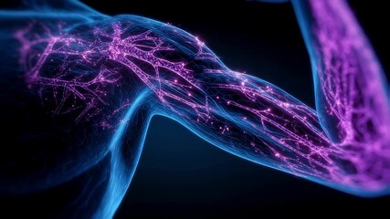 Wall Mural - medical animation showing glowing lymphatic vessels and nodes in a human arm, illustrating immune re