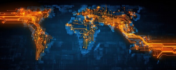 a glowing digital world map with interconnected circuit-like lines representing global technology an