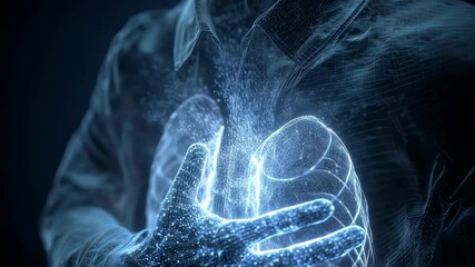 Wall Mural - Medical visualisation of a man clutching his chest, experiencing a heart attack or other cardiac event, with glowing particles emanating from his chest, symbolizing pain and distress