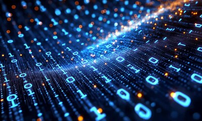 flowing digital data stream, binary code, futuristic technology.