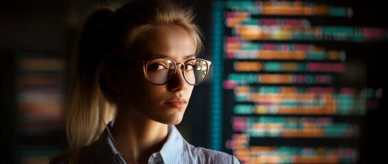 Young female developer with glasses coding against a backdrop of colorful computer code
