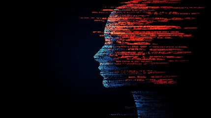 Digital profile of a human head formed by lines of binary code in red and blue