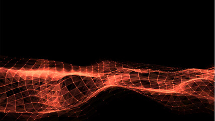 Vector orange wave with motion dots and lines. Abstract digital background. Concept connection big data. Futuristic technology backdrop.