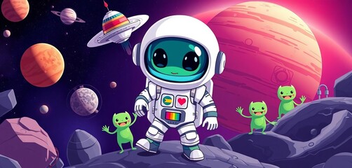 Wall Mural - Cartoon alien astronaut, spaceship, Mars, Saturn, Earth, rocket, UFO, green creatures, futuristic UI elements,  isolated,  stars