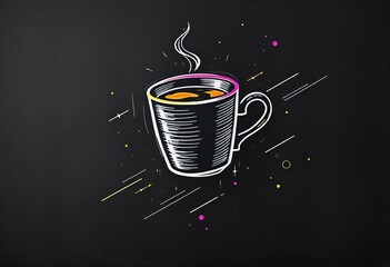 chalkboard style line art of coffee/tea cup flying in space; grunge texture, colorful accents, coffe