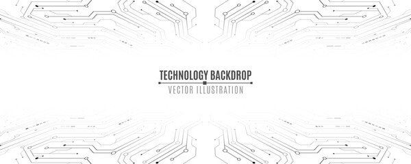 Minimalistic technology background featuring abstract circuit lines and electronics elements on white backdrop. Digital hi-tech backdrop with electronic system. Vector illustration.