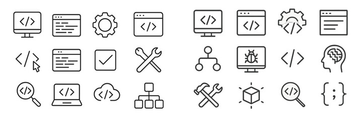 collection of coding and programming icons in minimalistic style showcasing various tech concepts an