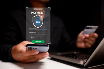 a person uses a smartphone and credit card to complete a secure two-factor authentication payment on