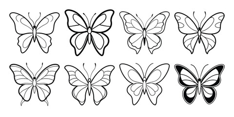 vector butterfly line art set, delicate butterfly outline collection on white background