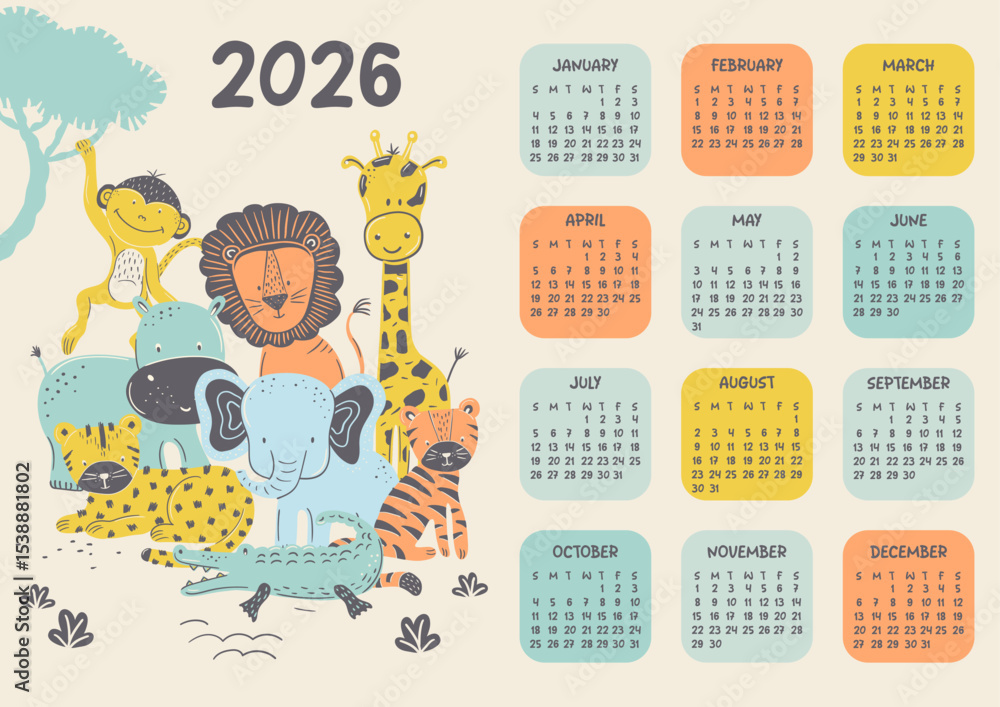 Safari Friends 2026 Yearly Vector Calendar Stock Vector | Adobe Stock