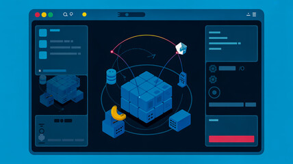 Isometric blockchain technology network connection diagram software development interface