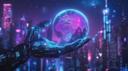 Wall Mural - futuristic hand holding a glowing earth in a neon cityscape