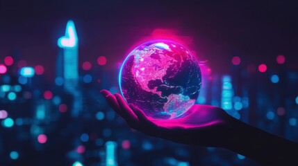 Wall Mural - futuristic digital globe in hand against neon city background