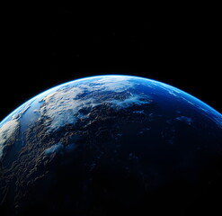 a wide-angle view of earth from space, with one hemisphere illuminated by a soft blue glow and the r