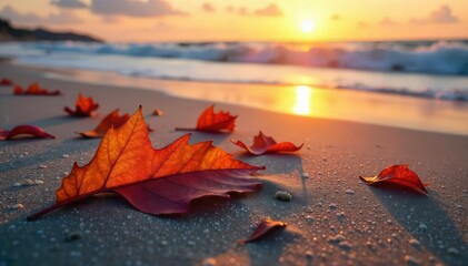 Wall Mural - Ocean leaves washed ashore, scattered on sandy beach at sunrise, creating a beautiful natural pattern The tranquil scene showcases vibrant colors and textures of nature , serene, green, natural