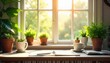 © suchetpong - Bright sunshine streams through a window onto a cheerful, organized workspace, ready for a productive week Desk, plants, coffee, notepad, supplies, positivity, motivation, success , focus, work