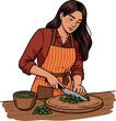 © DesignVectX - Woman chopping herbs cooking preparation kitchen apron illustration vector