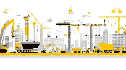 Animated yellow/gray construction site scene, cranes, vehicles, & buildings against white