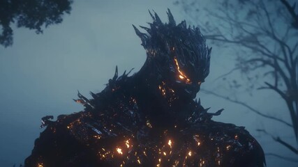 Wall Mural - obsidian golem emerging from misty forest depths, glowing embers casting ethereal illumination acros