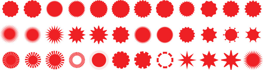 Set of red starburst price sticker, sale or discount sticker, sunburst badges icon. Stars shape with different number of rays. Special offer price tag