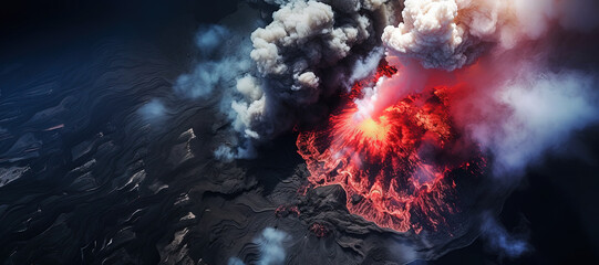 Wall Mural - Volcano eruption from a bird view. Volcano crater and magma flow shot from above. Genertated AI.