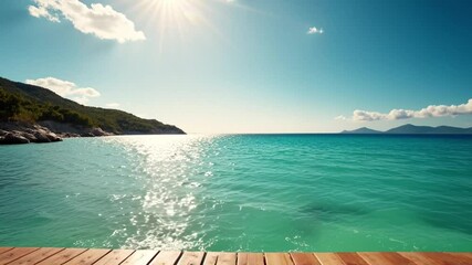 Wall Mural - A sunlit wooden table overlooks the tranquil summer sea under a partly cloudy blue sky