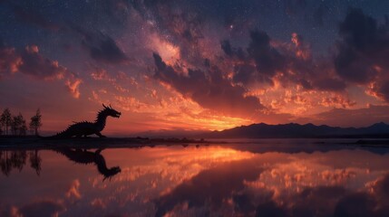Wall Mural - A dragon is standing in front of a beautiful sunset. The dragon is a large, metallic creature with a long tail and sharp claws. The sky is filled with stars, and the water is calm and still