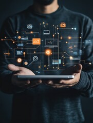 man holding digital seo optimization interface showcasing search engine marketing strategies, websit