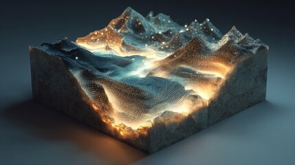 Wall Mural - A computer generated image of a mountain range with a blue sky and a yellowish glow. The mountains are shown in a 3D format, with the peaks and valleys of the terrain visible