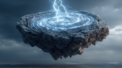 Wall Mural - a large rock floating in the sky with a lightning bolt in the center. scene is mysterious and awe-in