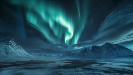 Wall Mural - green northern lights dancing over a snow covered mountain range in iceland, creating a breathtaking