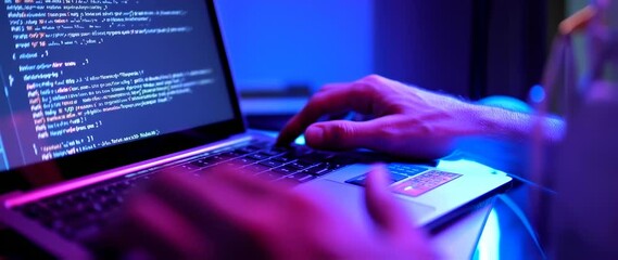 Typing Code On Laptop in Neon Light, Software Development Concept