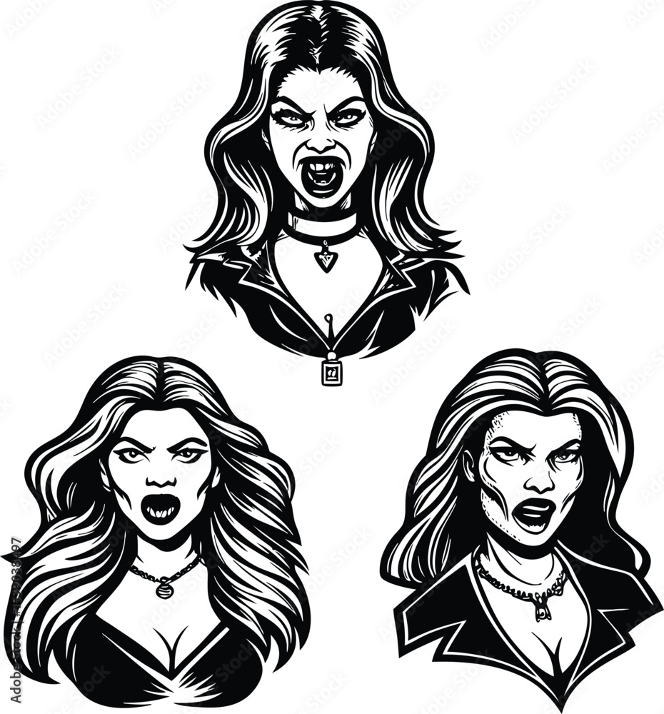 Three Female Vampire Portraits in Black and White Vector Illustration ...
