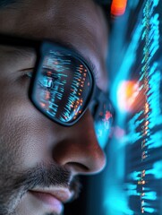 focused developer coder wears glasses working on computer looking at programming code data cyber sec