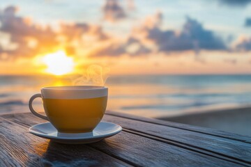 Wall Mural - Steaming tea cup on wooden table by the sea at sunset creating a serene atmosphere, Steaming tea cup on wooden table by the sea with breathtaking sunrise Relaxation concept