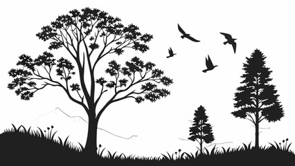 vector art of trees and birds in nature landscape isolated on white background
