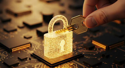 Wall Mural - golden key entering glowing padlock on circuit board, symbolizing digital security and data protecti