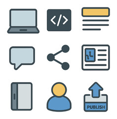 Wall Mural - Tech Blog Icons. Flat icon set of tech blog on laptop screen: open laptop, code snippet, blog header, comment