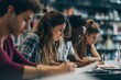 © Vitalii Shkurko - Close-up view of a group of students intensely studying in a library. They are collaborating, taking notes, and preparing for an upcoming exam in a quiet, academic environment
