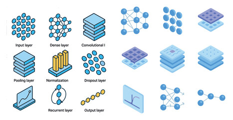 Neural network icons set – 3d, outline, ai and machine learning symbols