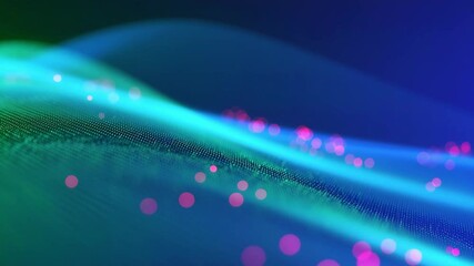 Colorful flowing digital waves with neon particles on dark background for technology visuals, data systems, or modern UI concepts